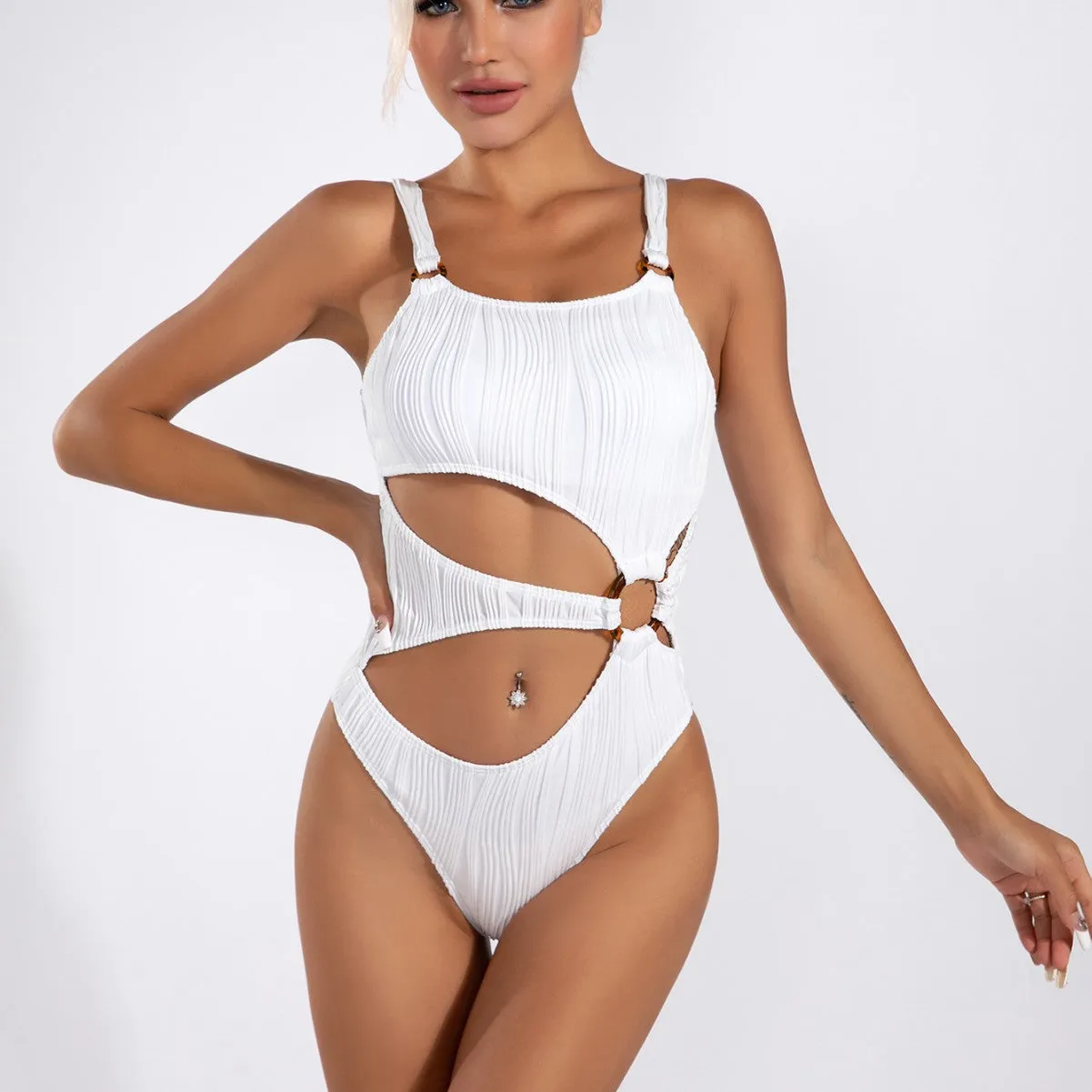 Sophisticated Cutout One-Piece Swimsuit with Ring Accents and Sleek Design