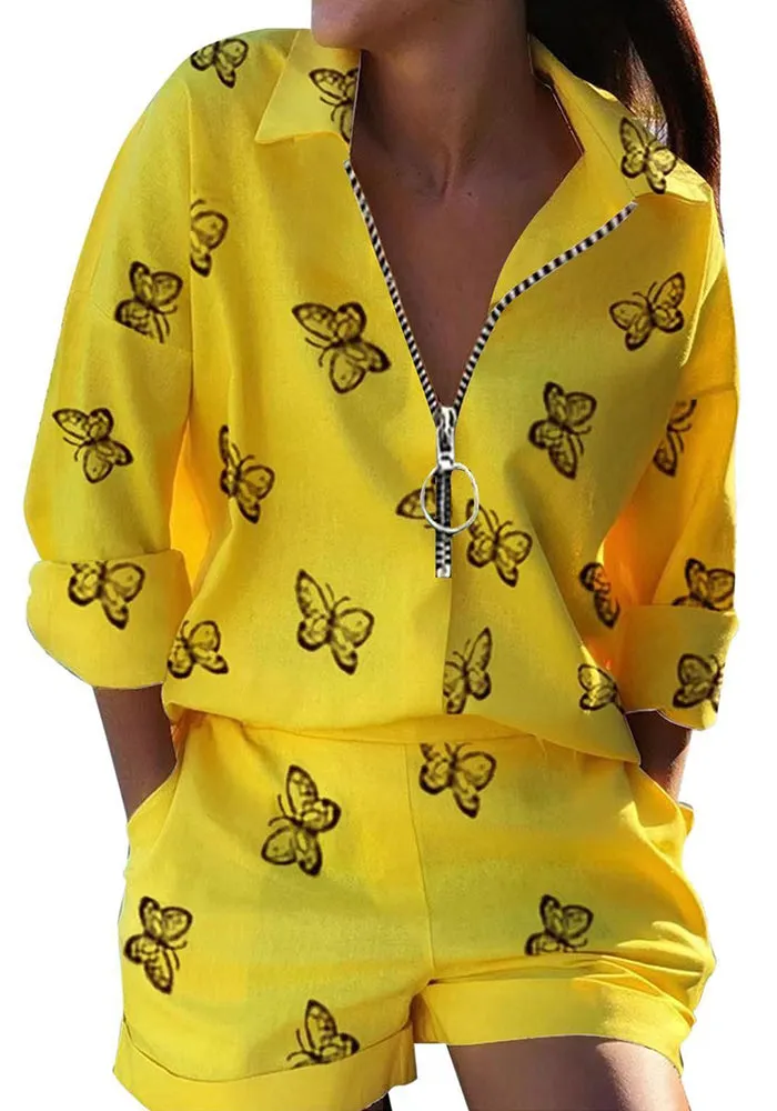 Trendy Handwritten Print Zipper Shirt and Shorts Two-Piece Set