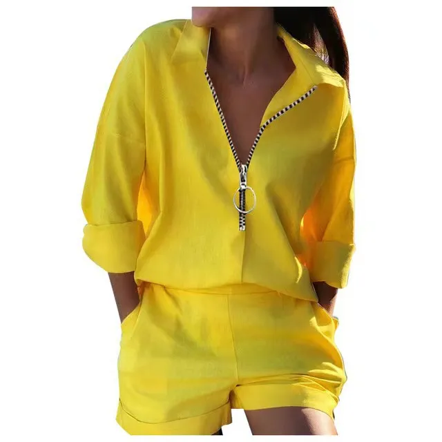 Trendy Handwritten Print Zipper Shirt and Shorts Two-Piece Set