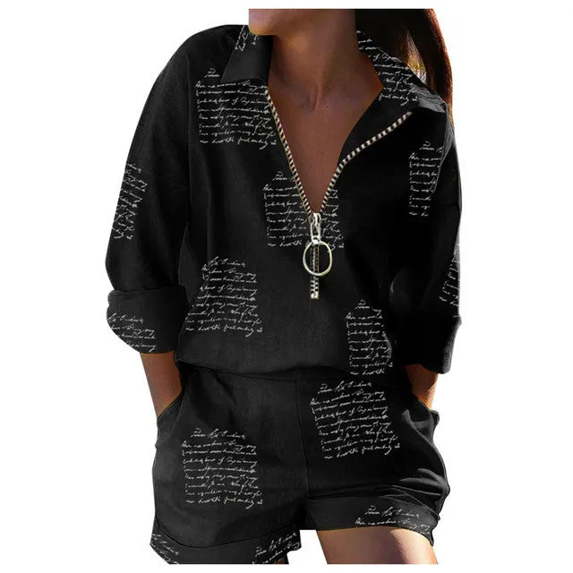 Trendy Handwritten Print Zipper Shirt and Shorts Two-Piece Set