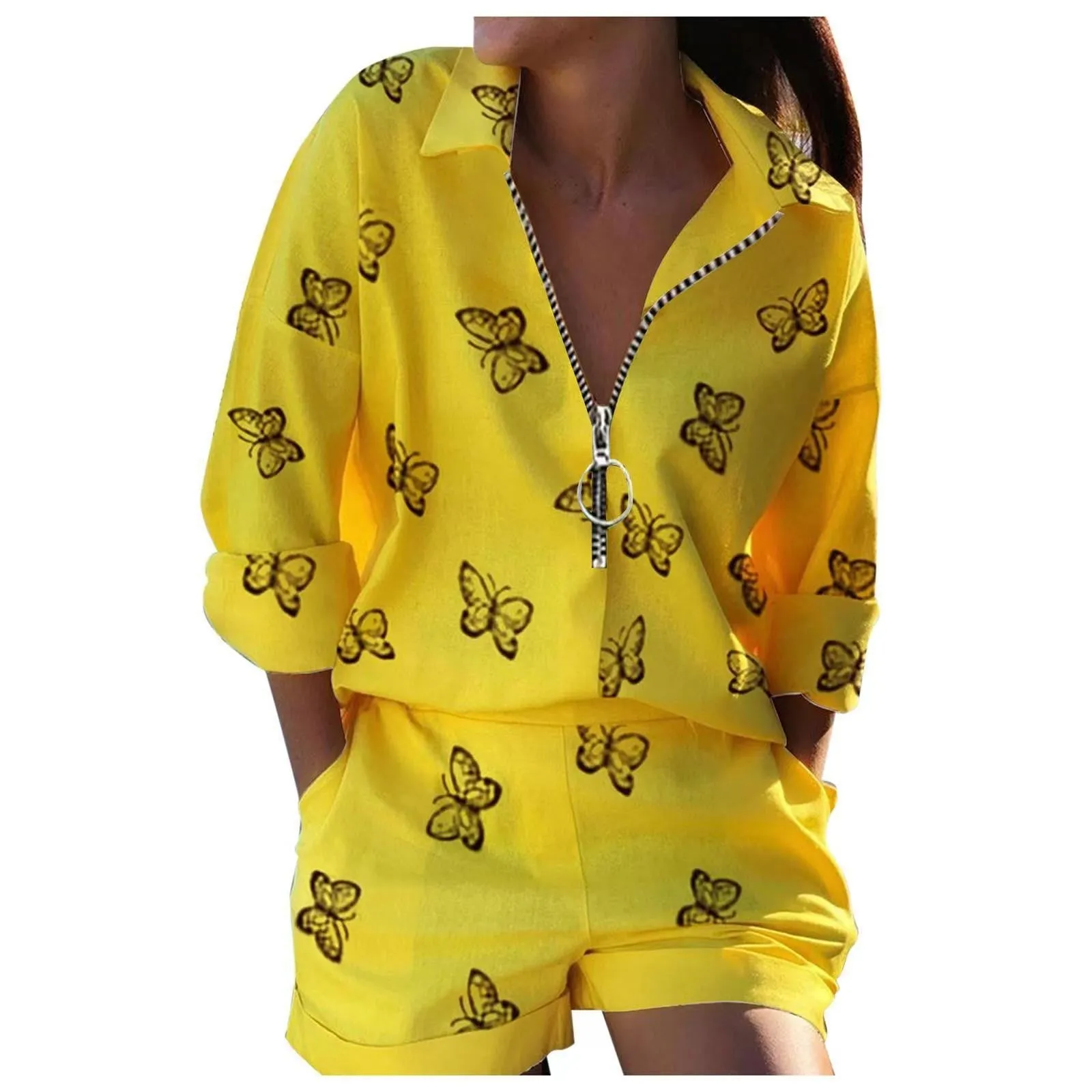 Trendy Handwritten Print Zipper Shirt and Shorts Two-Piece Set