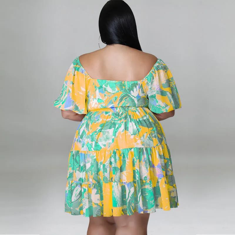 Vibrant Off-Shoulder Tiered Summer Dress with Playful Print