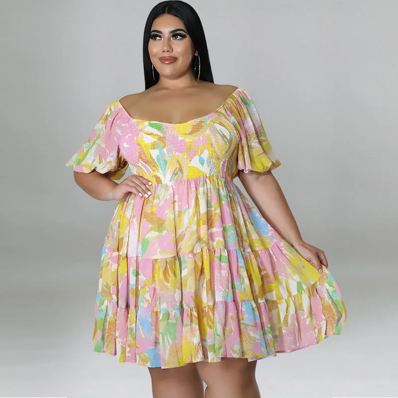Vibrant Off-Shoulder Tiered Summer Dress with Playful Print