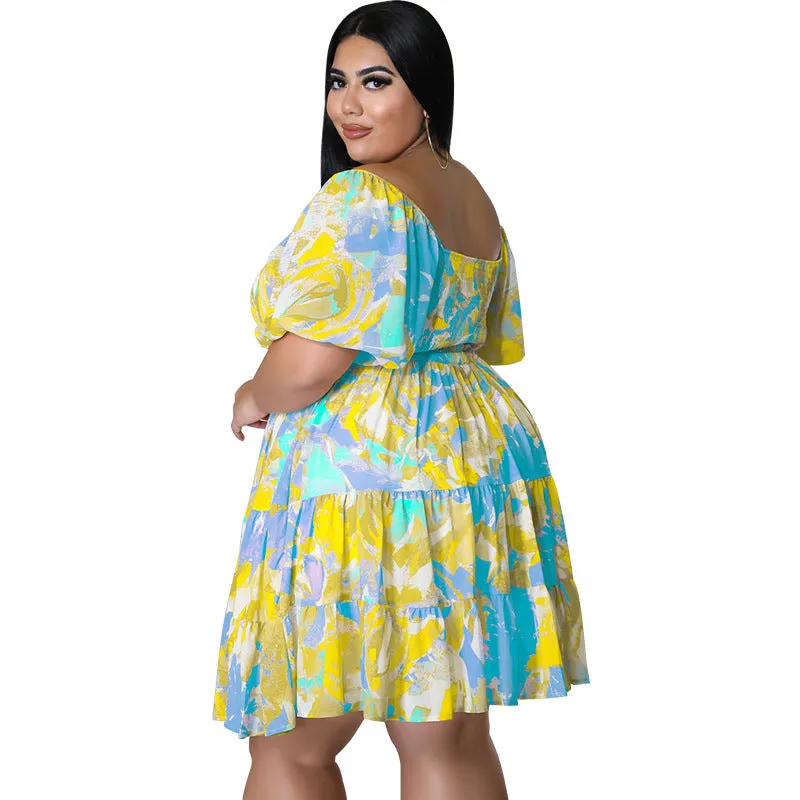 Vibrant Off-Shoulder Tiered Summer Dress with Playful Print