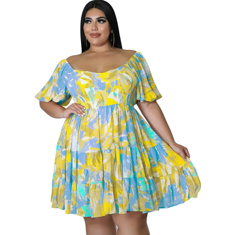 Vibrant Off-Shoulder Tiered Summer Dress with Playful Print