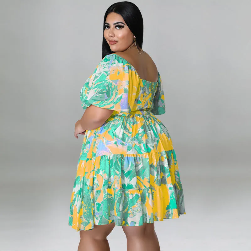 Vibrant Off-Shoulder Tiered Summer Dress with Playful Print