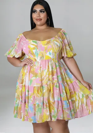 Vibrant Off-Shoulder Tiered Summer Dress with Playful Print