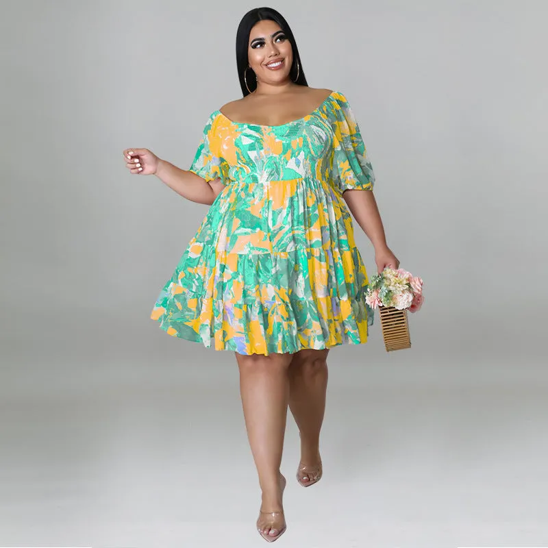 Vibrant Off-Shoulder Tiered Summer Dress with Playful Print