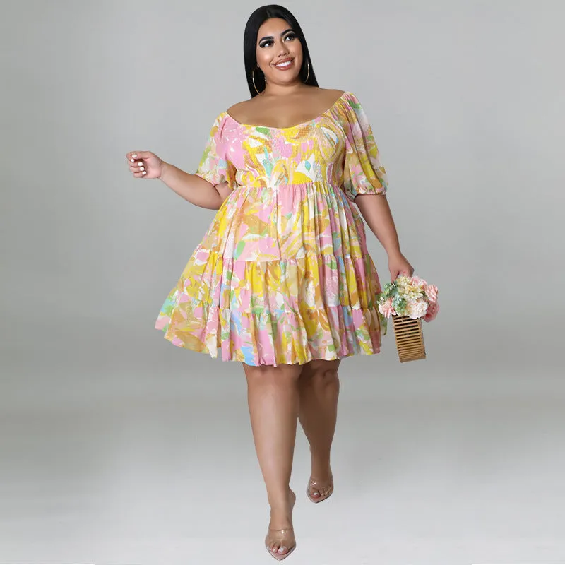 Vibrant Off-Shoulder Tiered Summer Dress with Playful Print