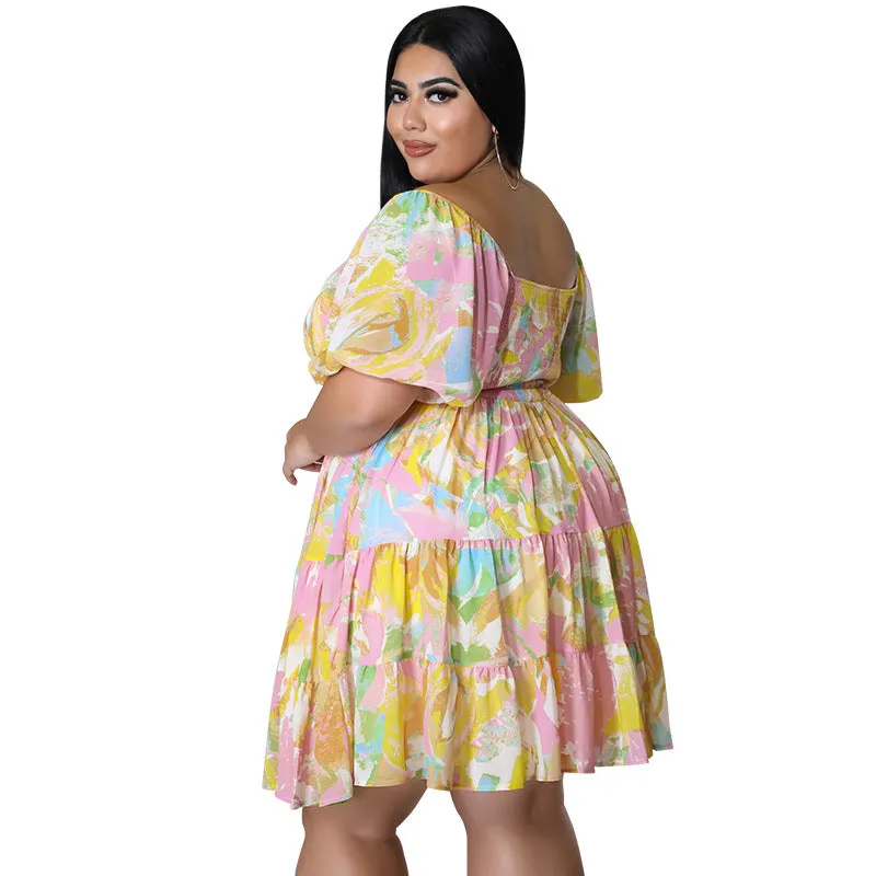 Vibrant Off-Shoulder Tiered Summer Dress with Playful Print