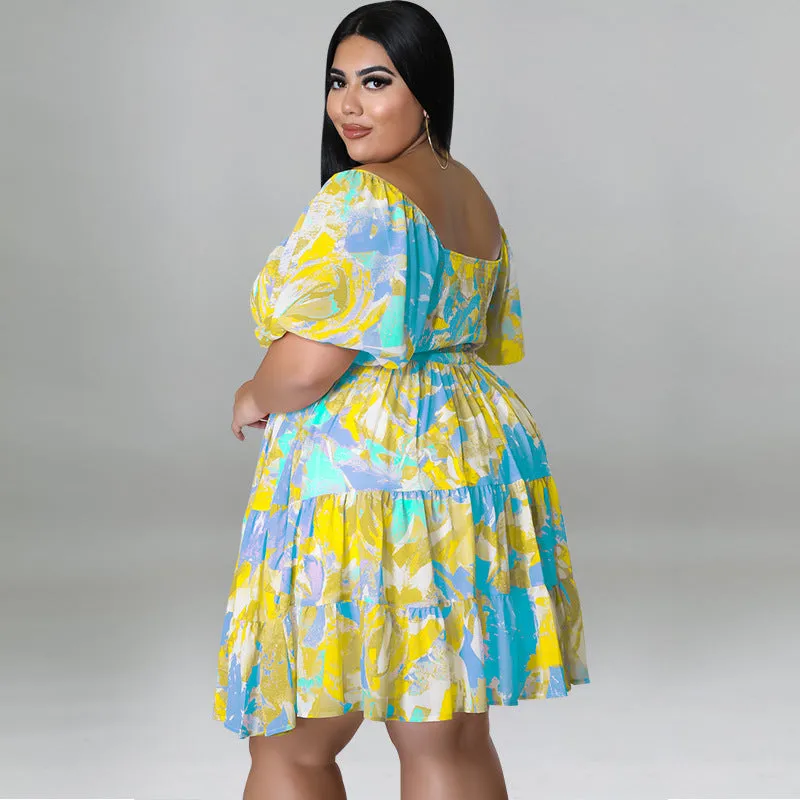 Vibrant Off-Shoulder Tiered Summer Dress with Playful Print