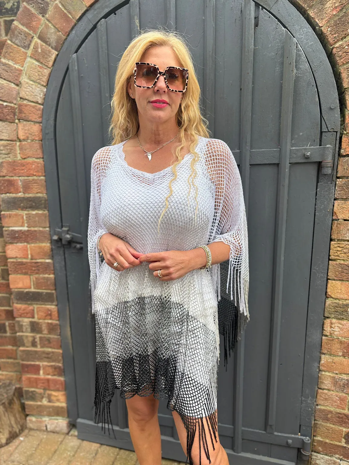 White Ombre Stripe Tassel Shawl Elaine