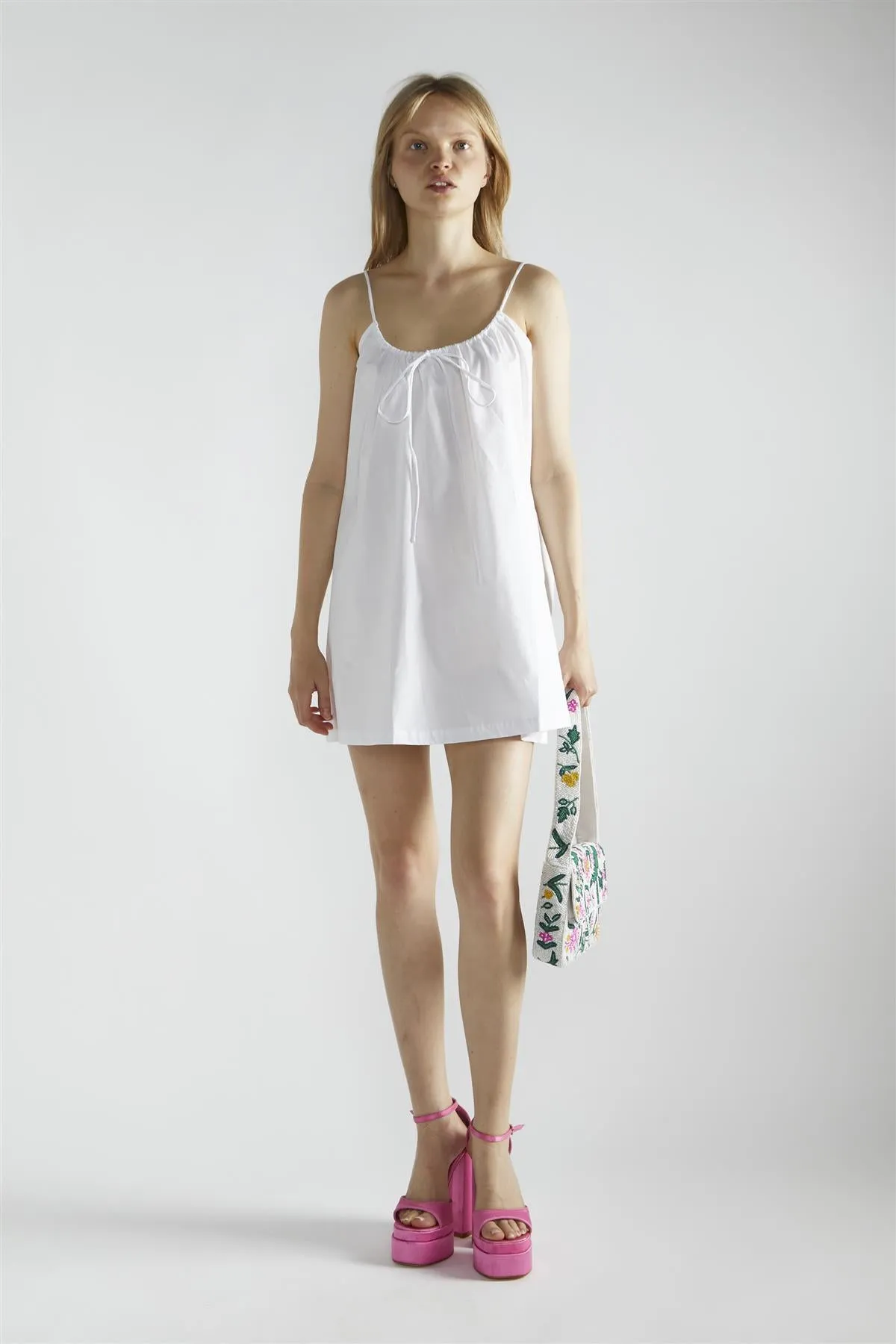 White Scoop-Neck Tie Detailing Mini-Dress
