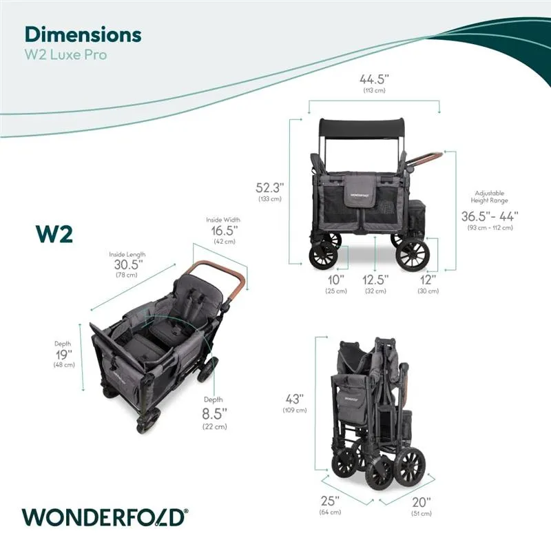 Wonderfold - W2 Luxe Pro Double Stroller For 2 kids, Charcoal Gray